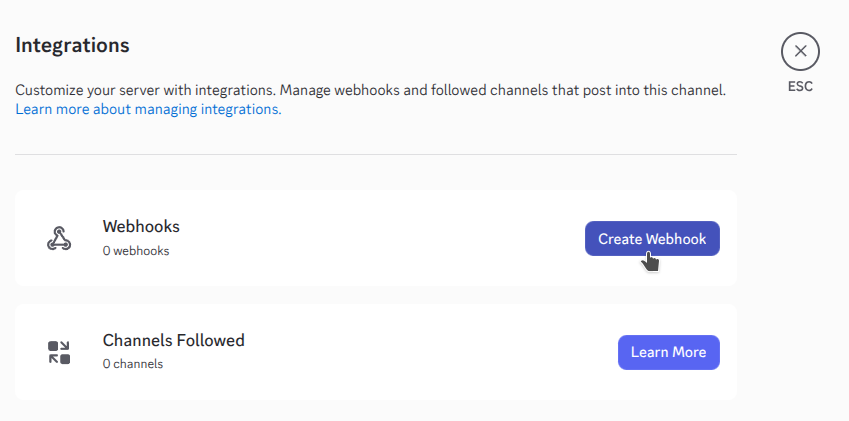 Discord Integrations page with the Create Webhook button for CrossTrade alerts
