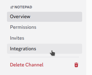 Discord channel settings sidebar with the Integrations tab selected