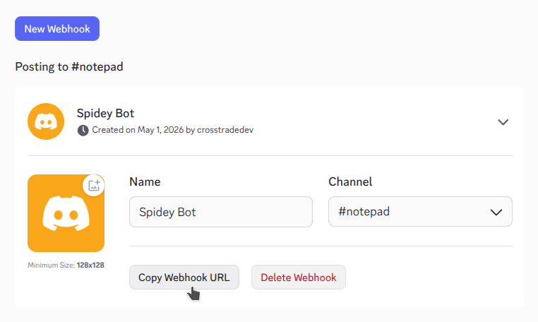 Discord webhook configuration screen with the Copy Webhook URL button to paste into CrossTrade