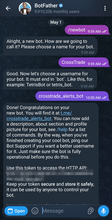 Telegram BotFather chat creating a new CrossTrade alerts bot and issuing the API token