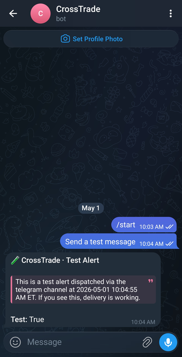 CrossTrade test alert delivered into the Telegram bot chat after Send Test