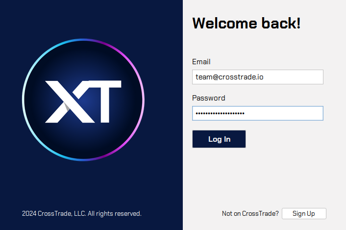 CrossTrade desktop application login screen