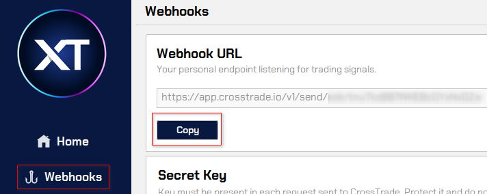 Finding your personal webhook URL inside CrossTrade desktop app