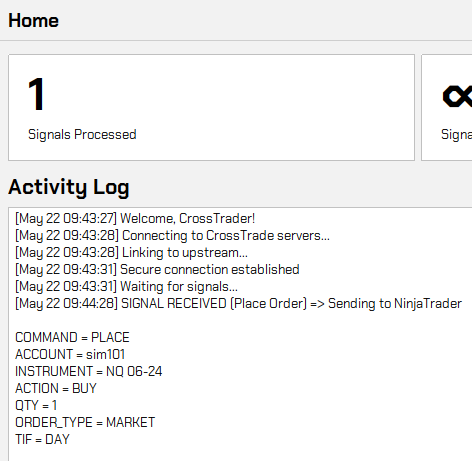 Activity Log inside the CrossTrade desktop application