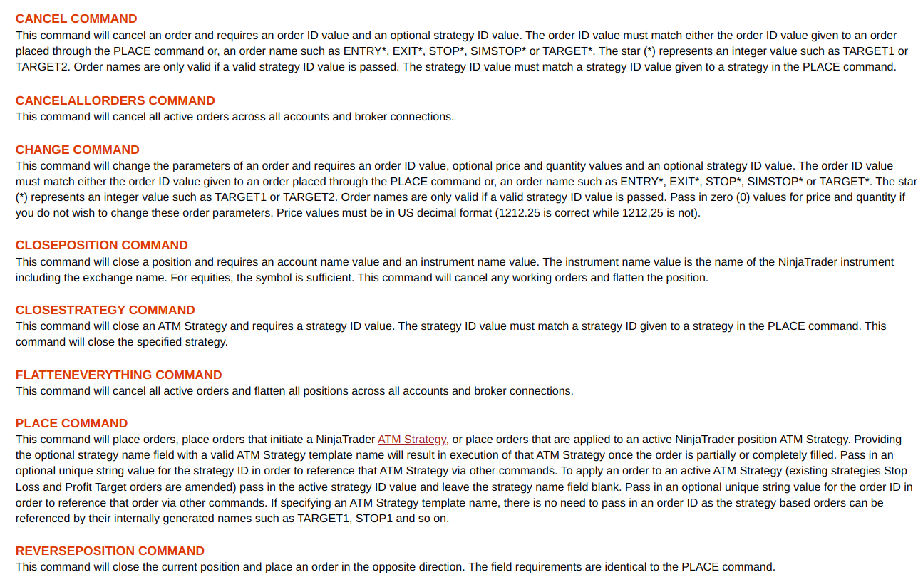NinjaTrader's ATI (Automated Trading Interface) command list
