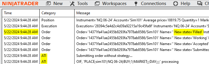 NinjaTrader trade logs showing filled trade from CrossTrade