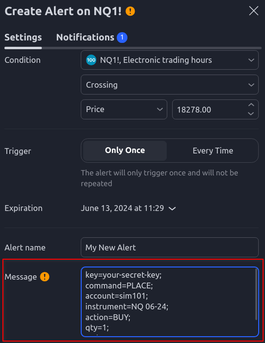 Command message payload for TradingView webhook alert