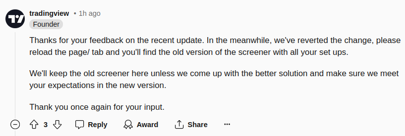 TradingView founder comments on user concerns in subreddit