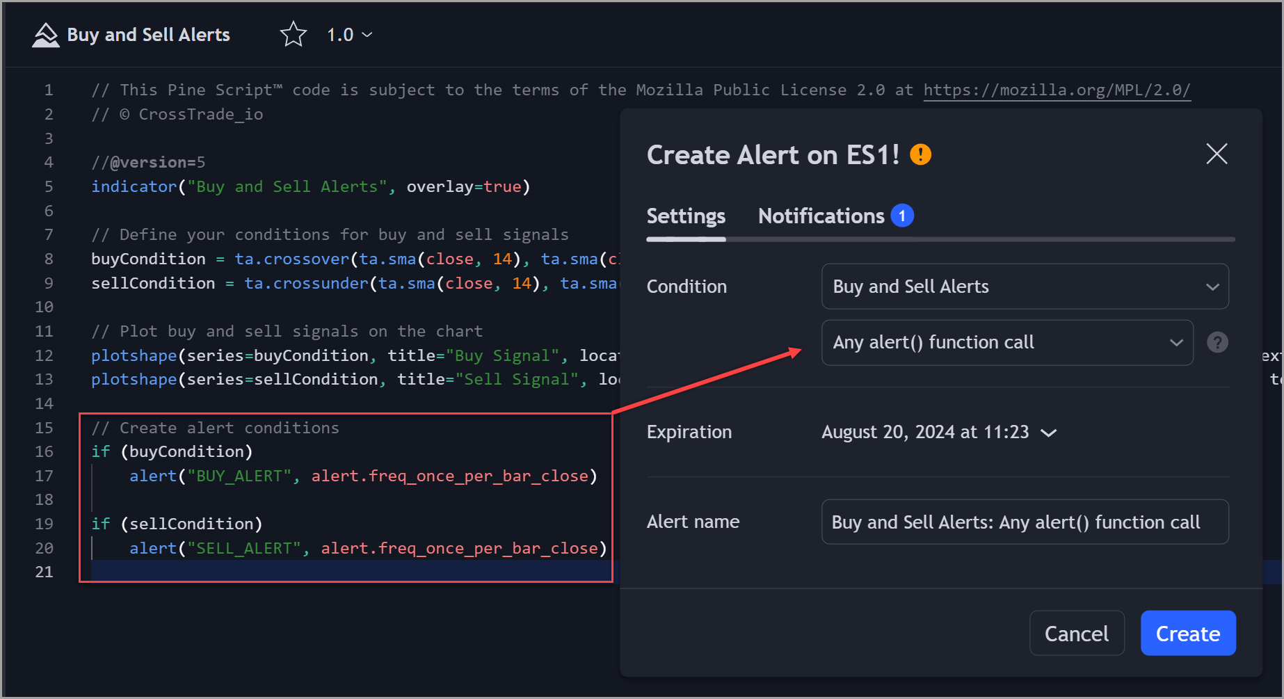 Highlighting the any alert function call in TradingView's PineScript alerts 