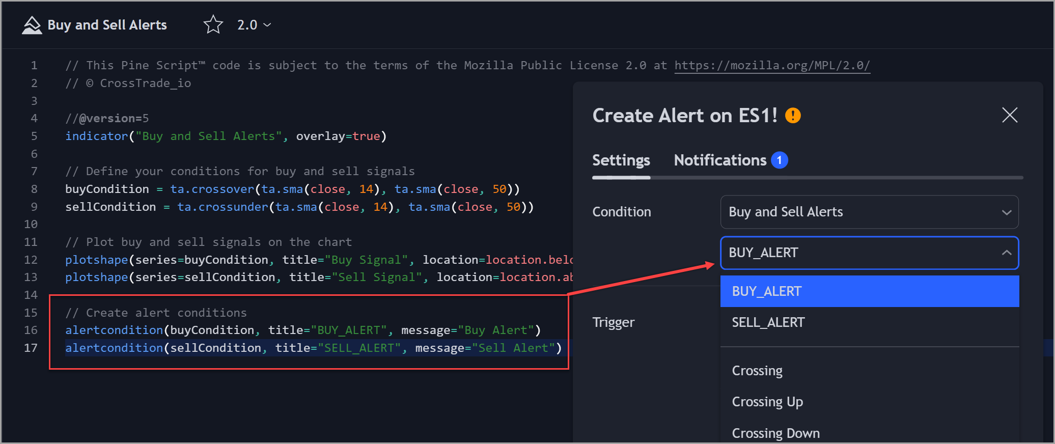 Example buy alert written in PineScript inside TradingView editor