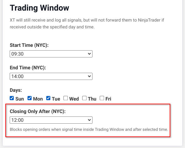 XT Controls Panel showing example trading window 0930-1400, closing only after noon