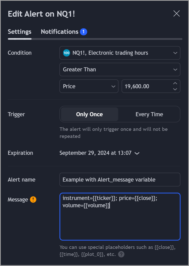 Example of dynamic variables inserted into TradingView webhook alert