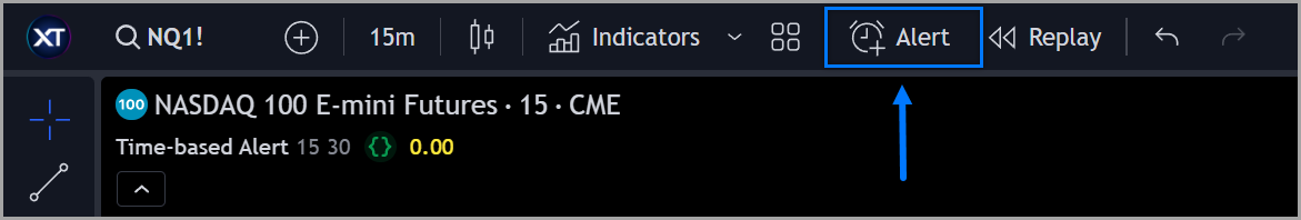 Location of Create Alert button on TradingView dashboard