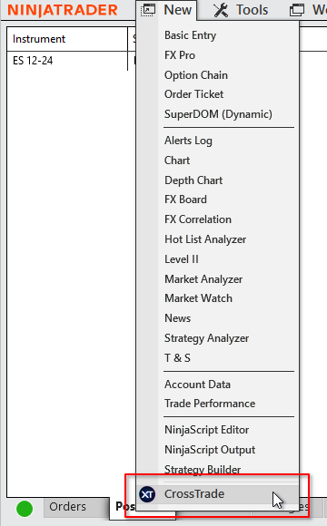 Screenshot showing CrossTrade app available directly inside of NT8 trading platform