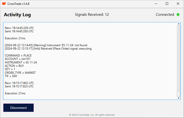 Screenshot of new NT8 add-on processing alert webhooks from TradingView