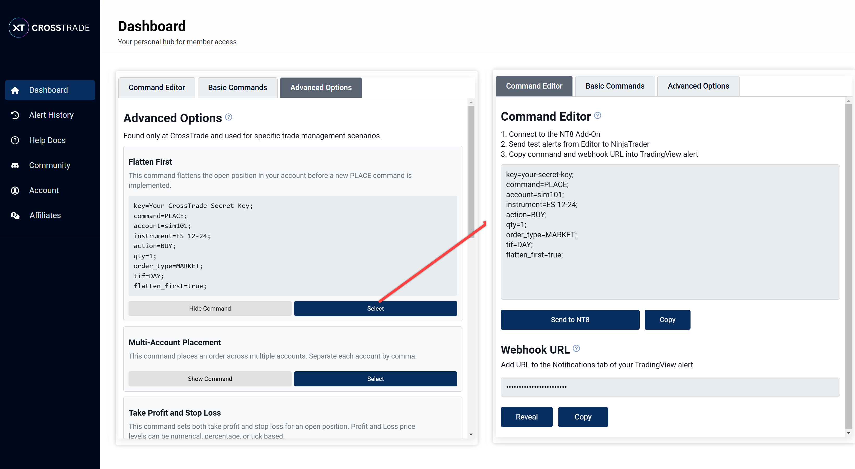 image of the user dashboard showing the command editor