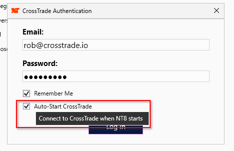 screenshot showing auto-start feature in CrossTrade NT8 add-on autotrading software client