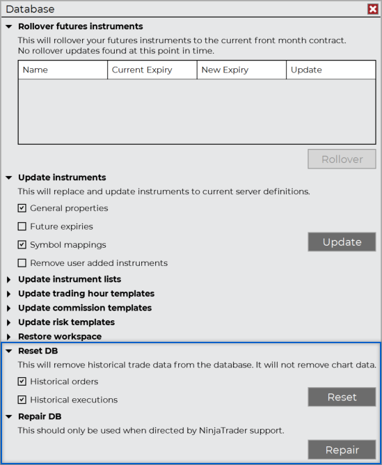 Screenshot of the NinjaTrader 8 Database window
