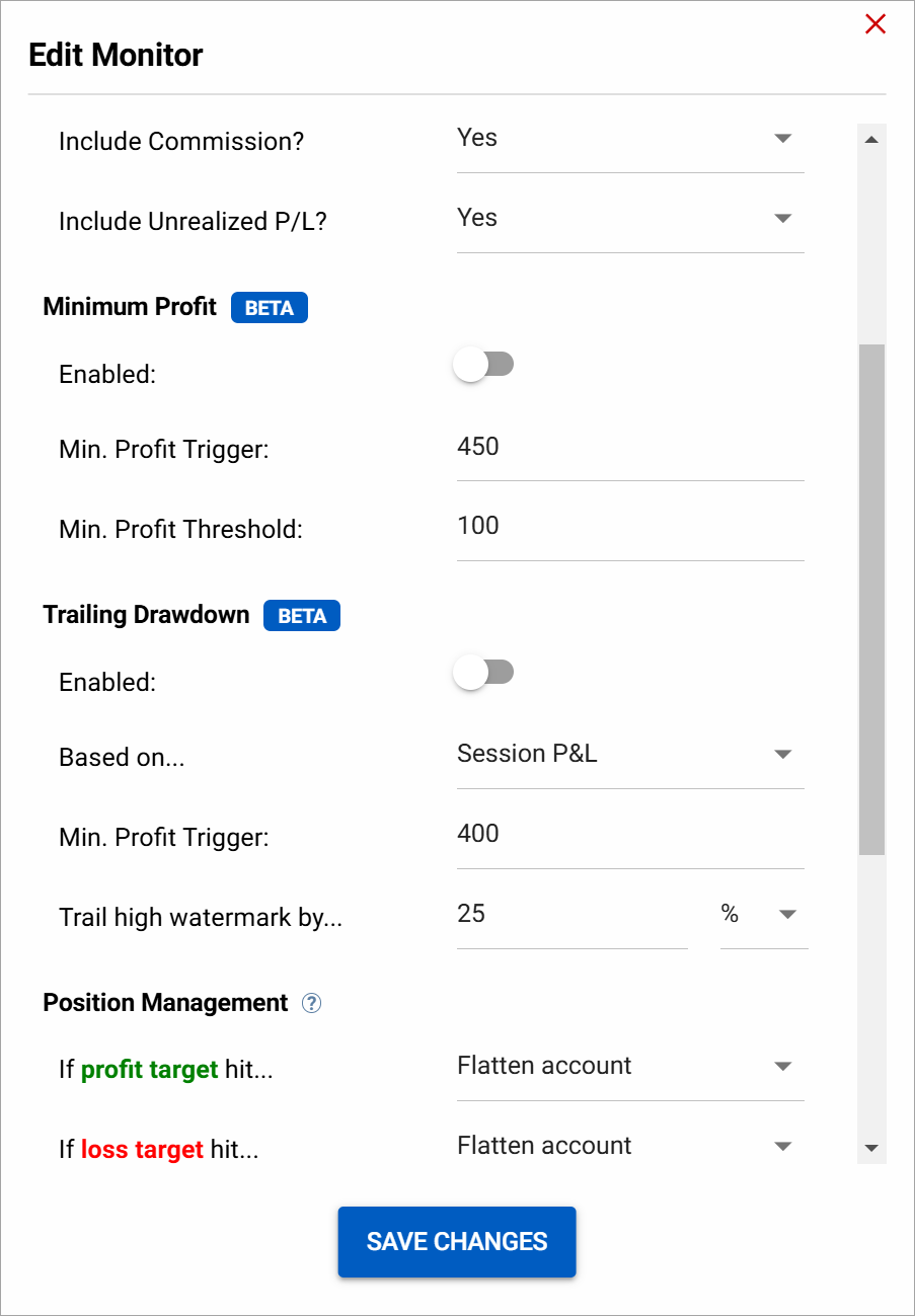 Screenshot of Edit Monitor pop-up showing Minimum Profit and Trailing Drawdown for NT8 Account P&L