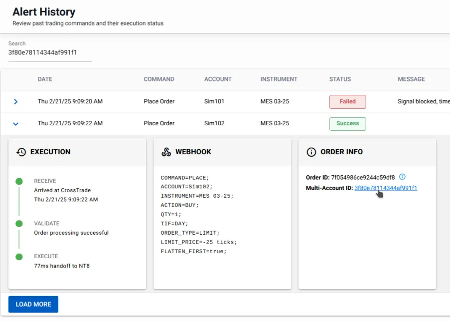 crosstrade alert history user dashboard showing tradingview alerts