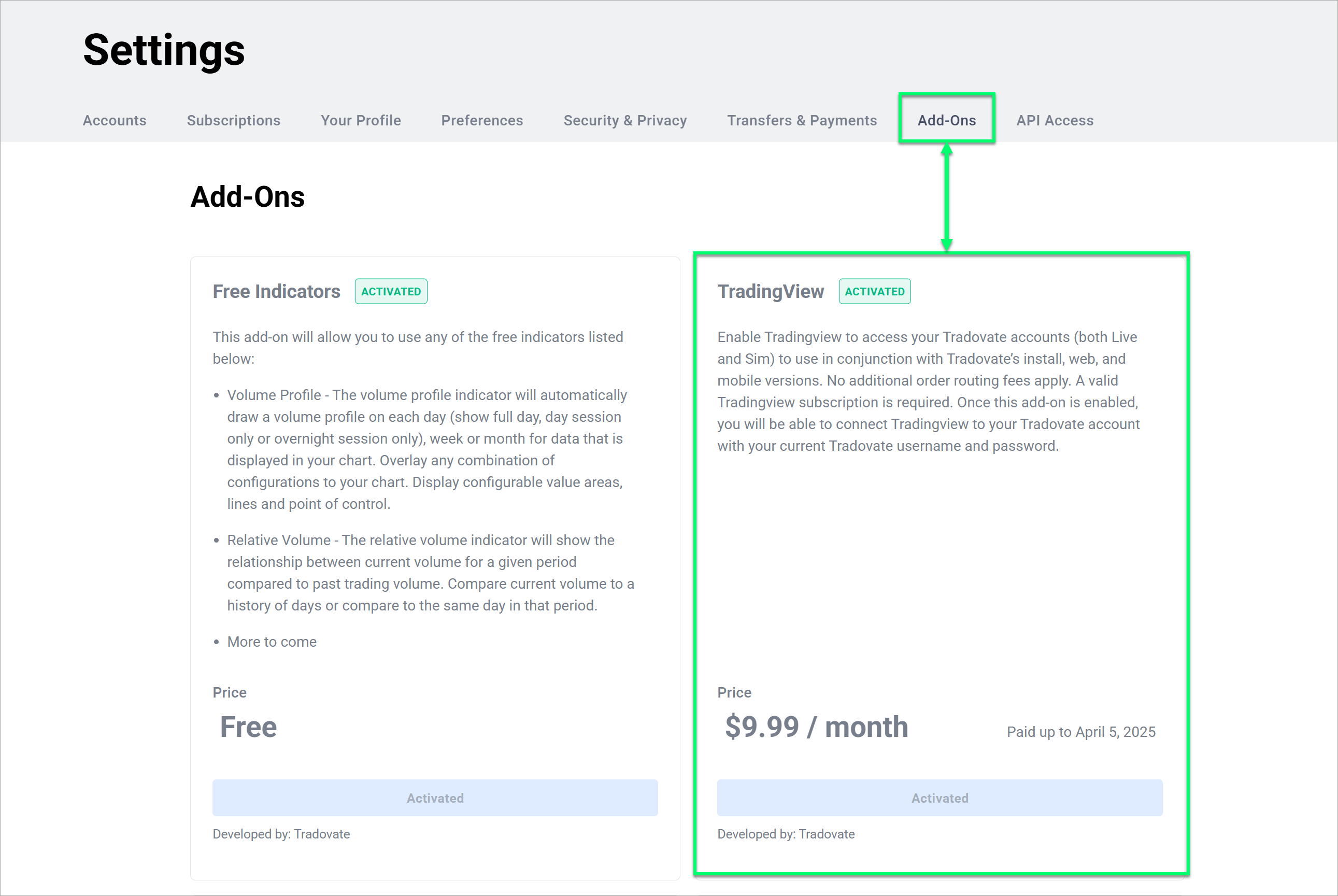 enable the tradingview addon inside tradovate platform settings