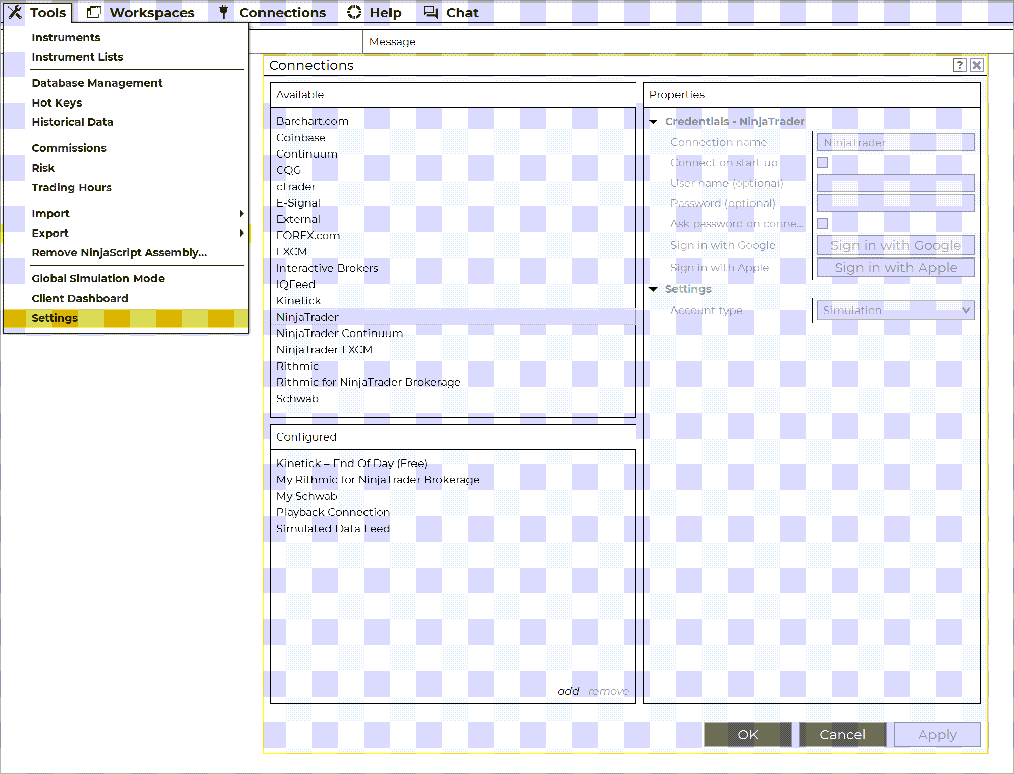ninjatrader 8 connections window with available data feed options