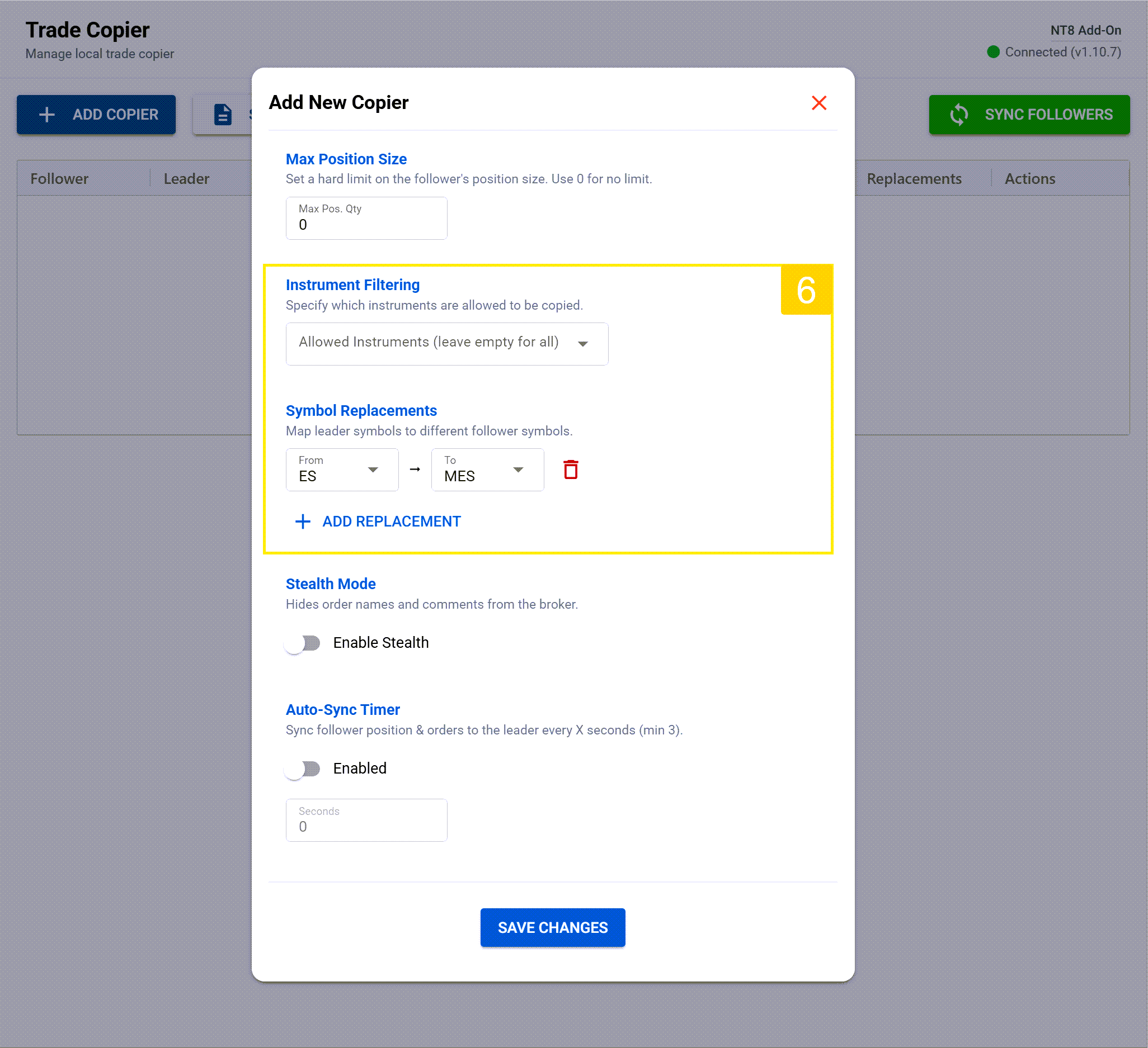 specify which instruments are allowed to be copied and define replacement relationships