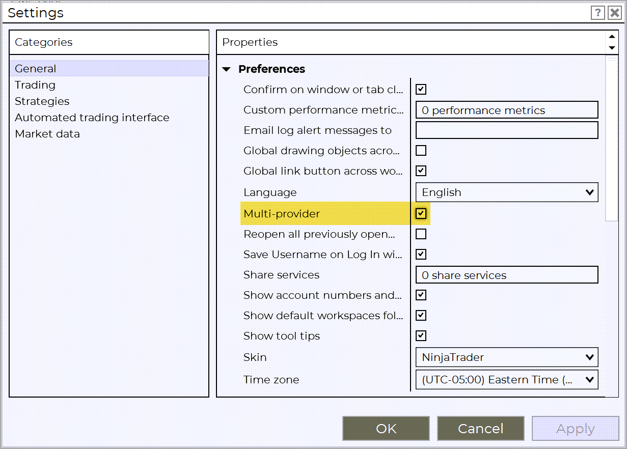 enabling multi-provider mode in ninjatrader 8 settings