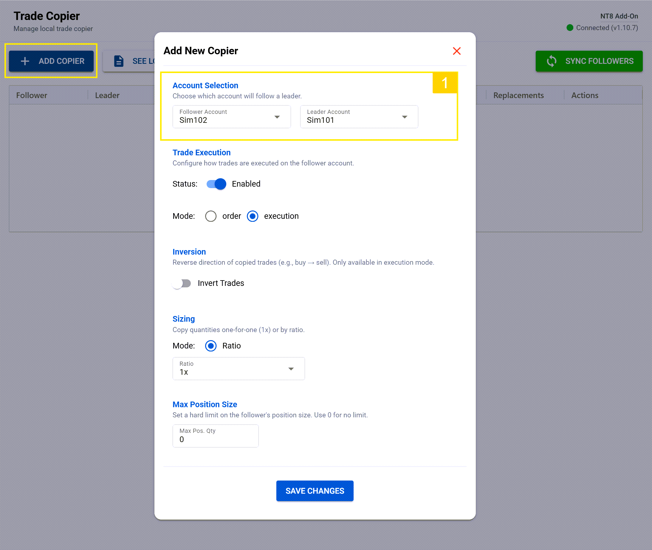 select your leader and follower accounts from the edit trade copier settings