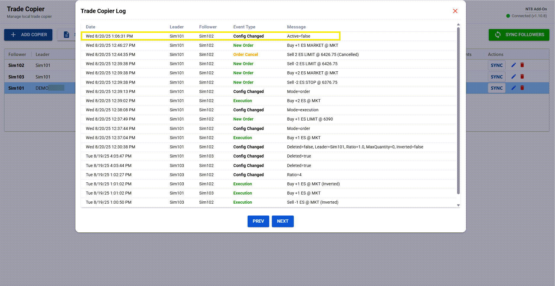 trade copier log showing a config change and execution history