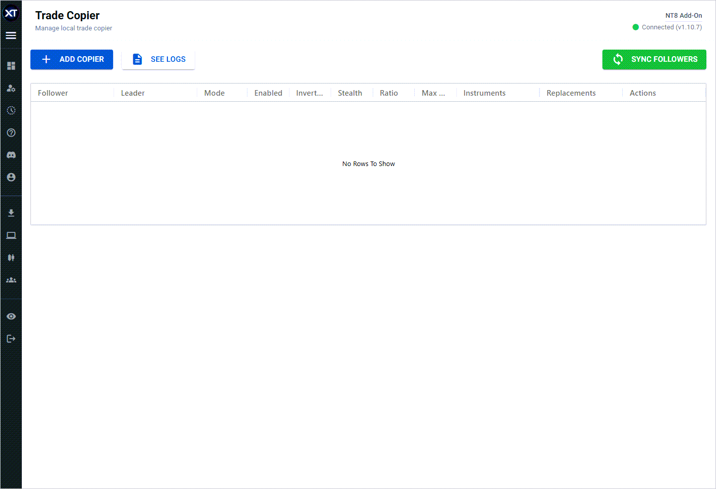 empty Trade Copier dashboard before adding anything