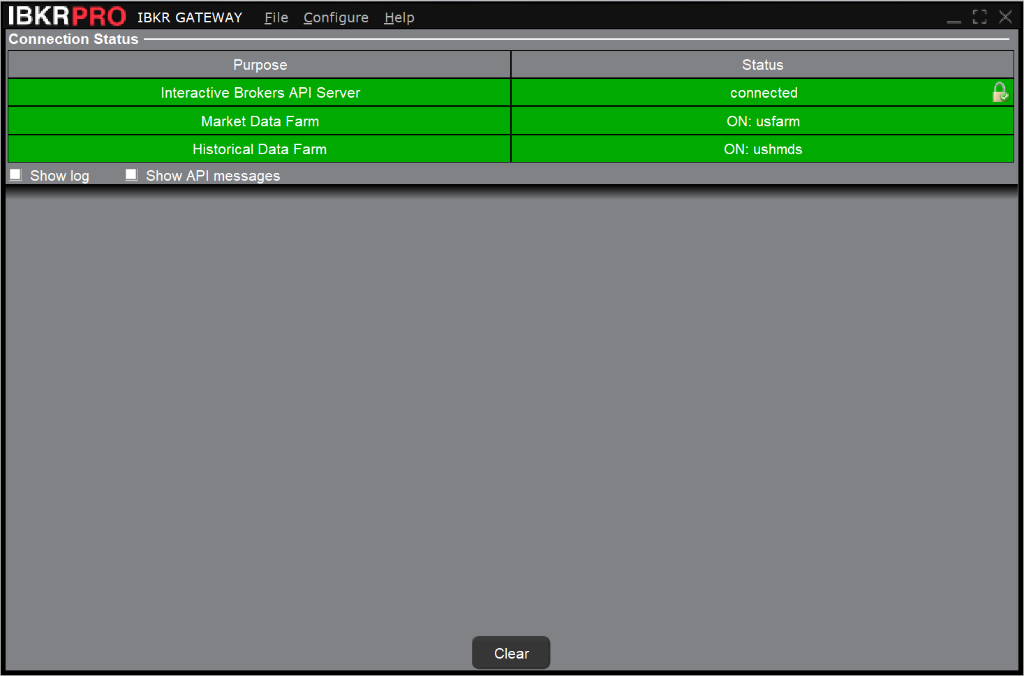 IBKR PRO gateway showing proper connection