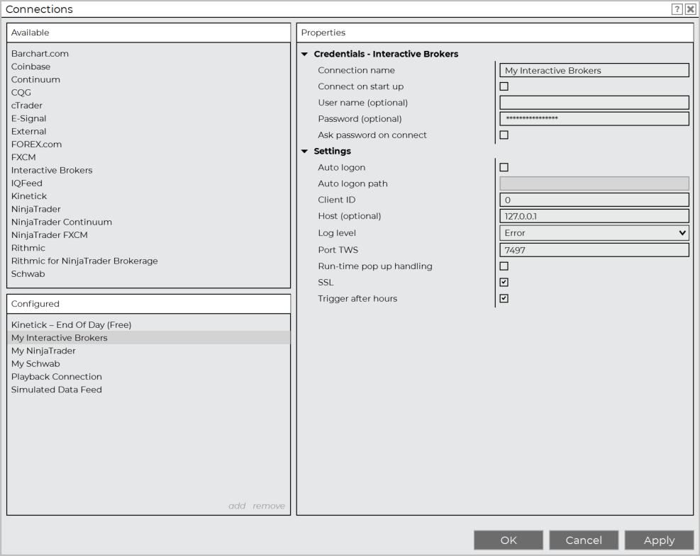 the interactive brokers data connection configuration on ninjatrader desktop