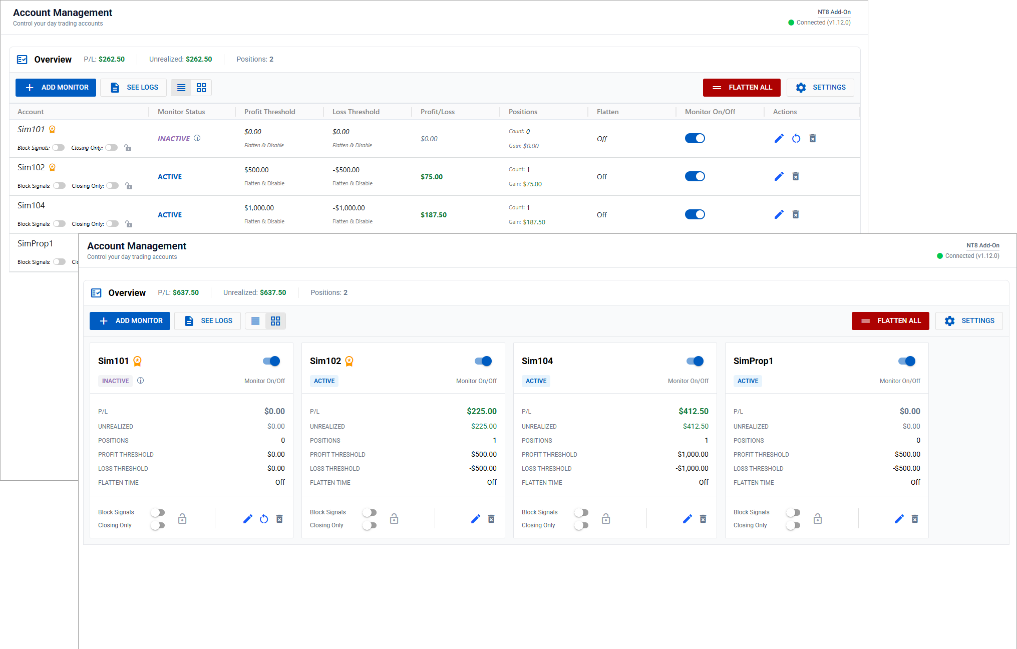 CrossTrade Account Management dashboard showing monitor cards and table rows with real-time P/L, status indicators, and action controls for multiple NinjaTrader 8 accounts.