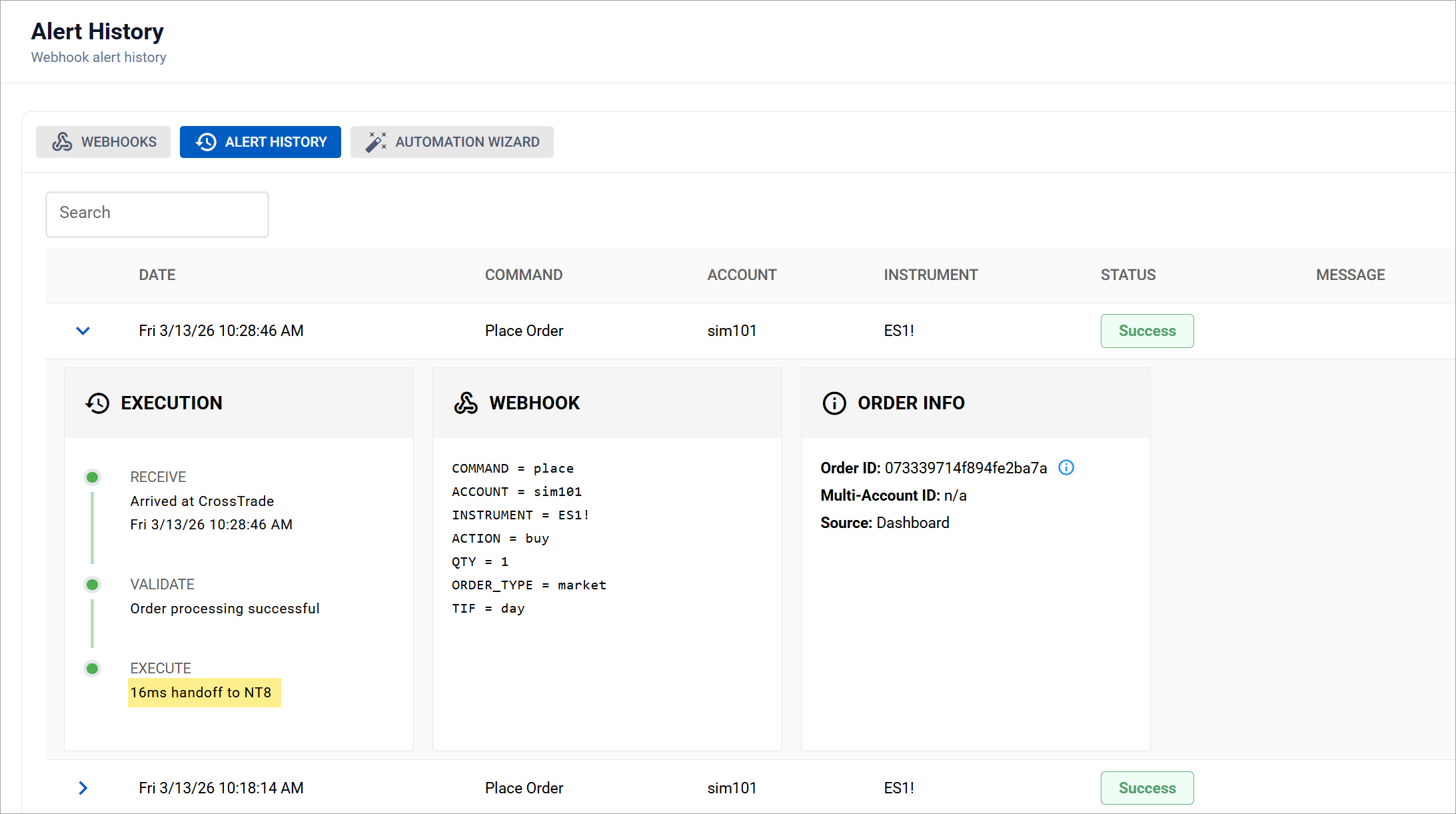 CrossTrade Alert History page showing webhook execution timestamps with received time, sent time, and total execution duration in milliseconds