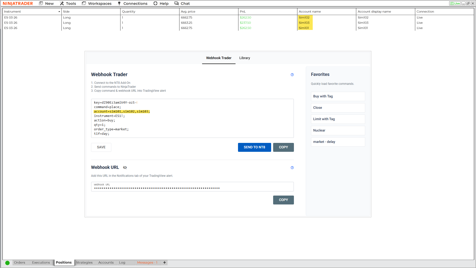 Image showing a single CrossTrade webhook alert splitting into simultaneous order instructions delivered to three separate NinjaTrader accounts