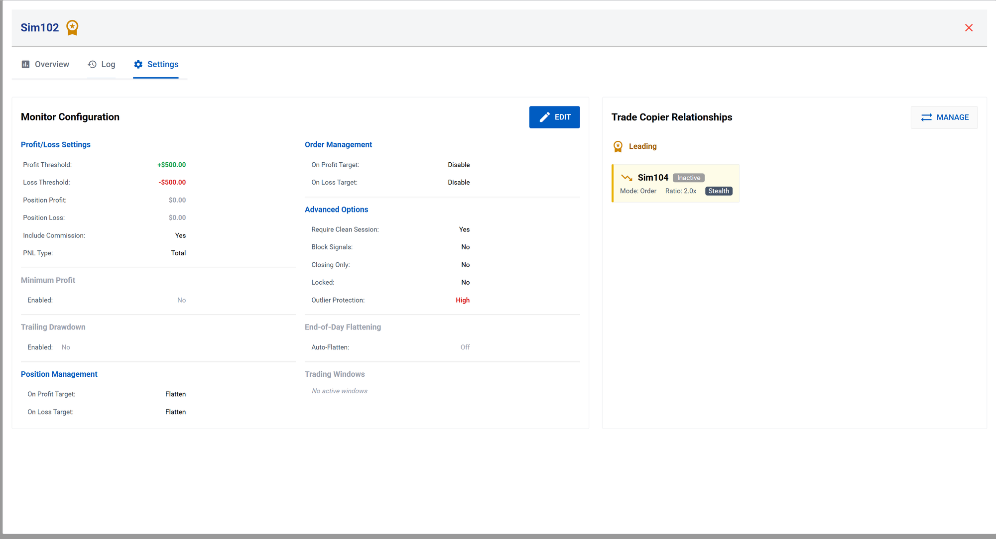 settings inside the nam dashboard
