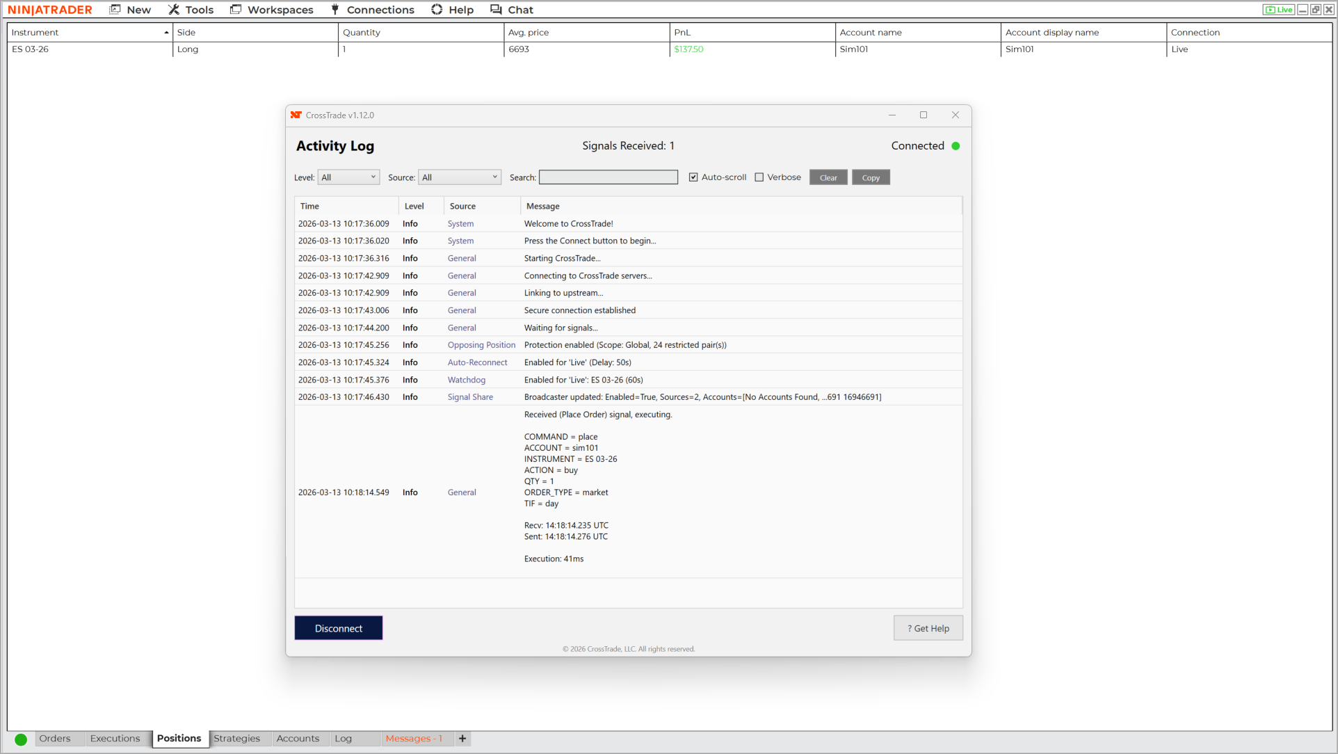 CrossTrade XT Add-On login panel inside NinjaTrader 8 Control Center showing email and password fields with green connection indicator
