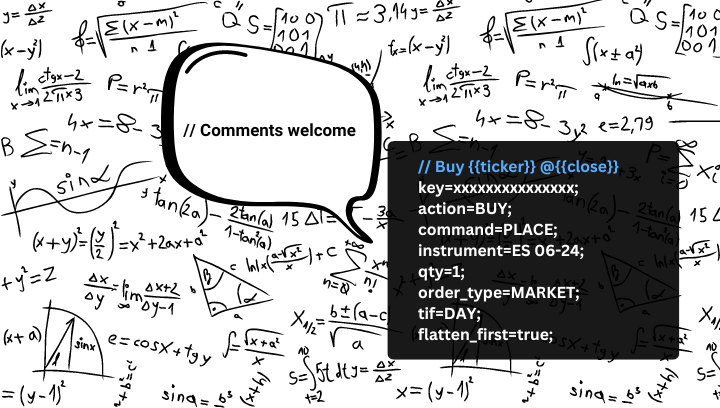 Math equations on a whiteboard behind TradingView webhook alert message with comments