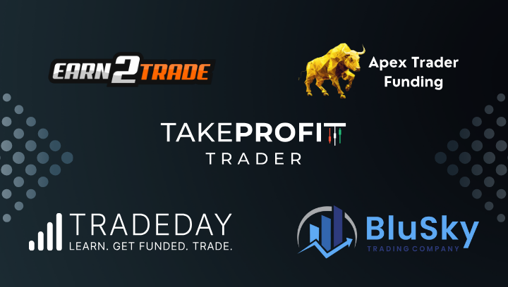 Poster showing logos from prop firms Earn2Trade, Take Profit Trader, TradeDay, BluSky, and Apex Trader Funding