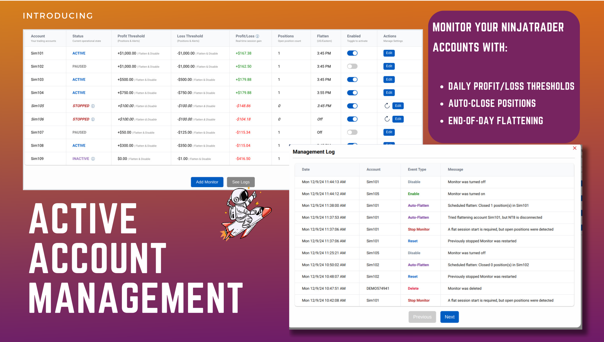 image showing the active account management dashboard with text explaining key features