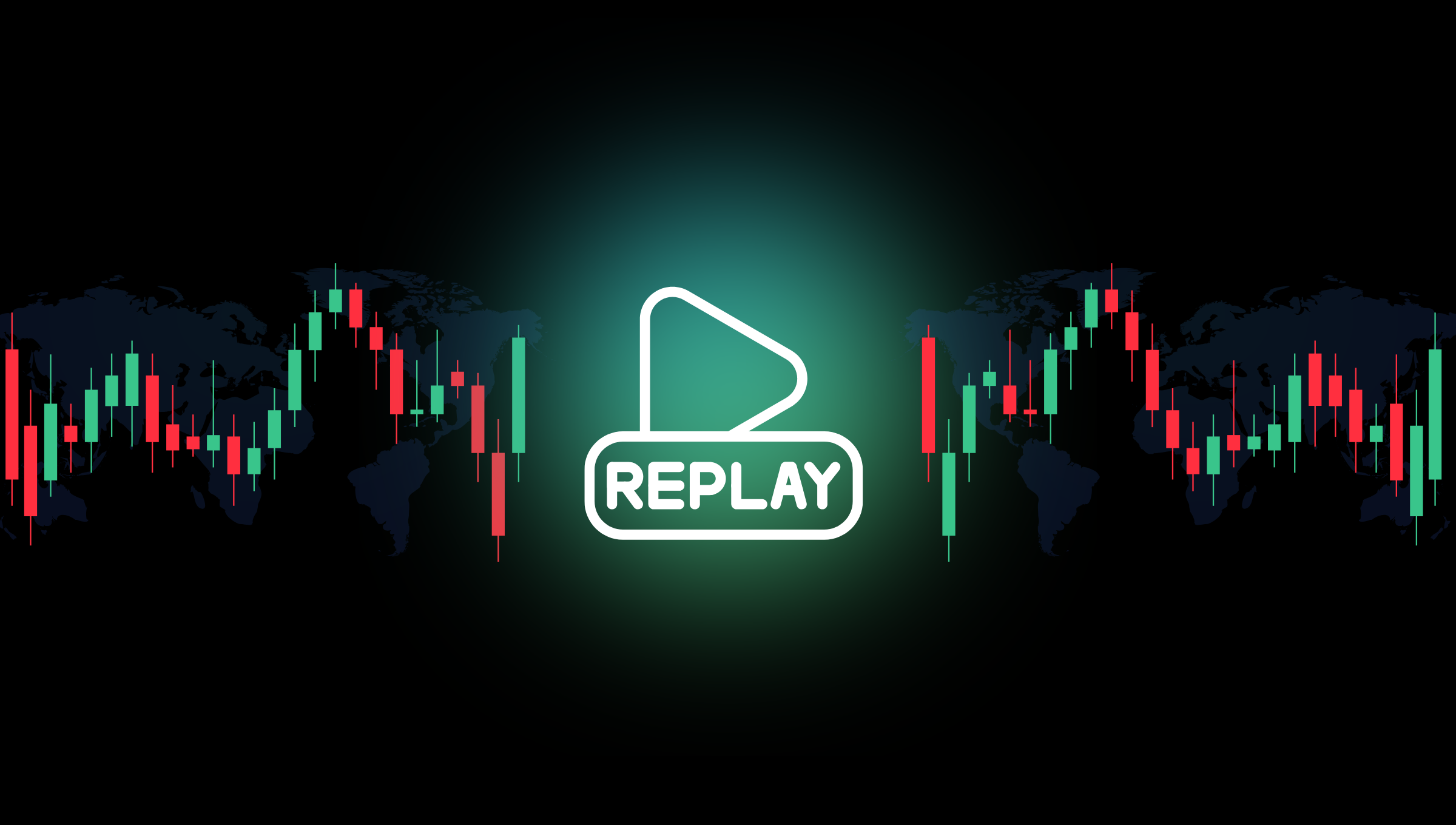 black background with stock chart candles and the text 'bar replay'