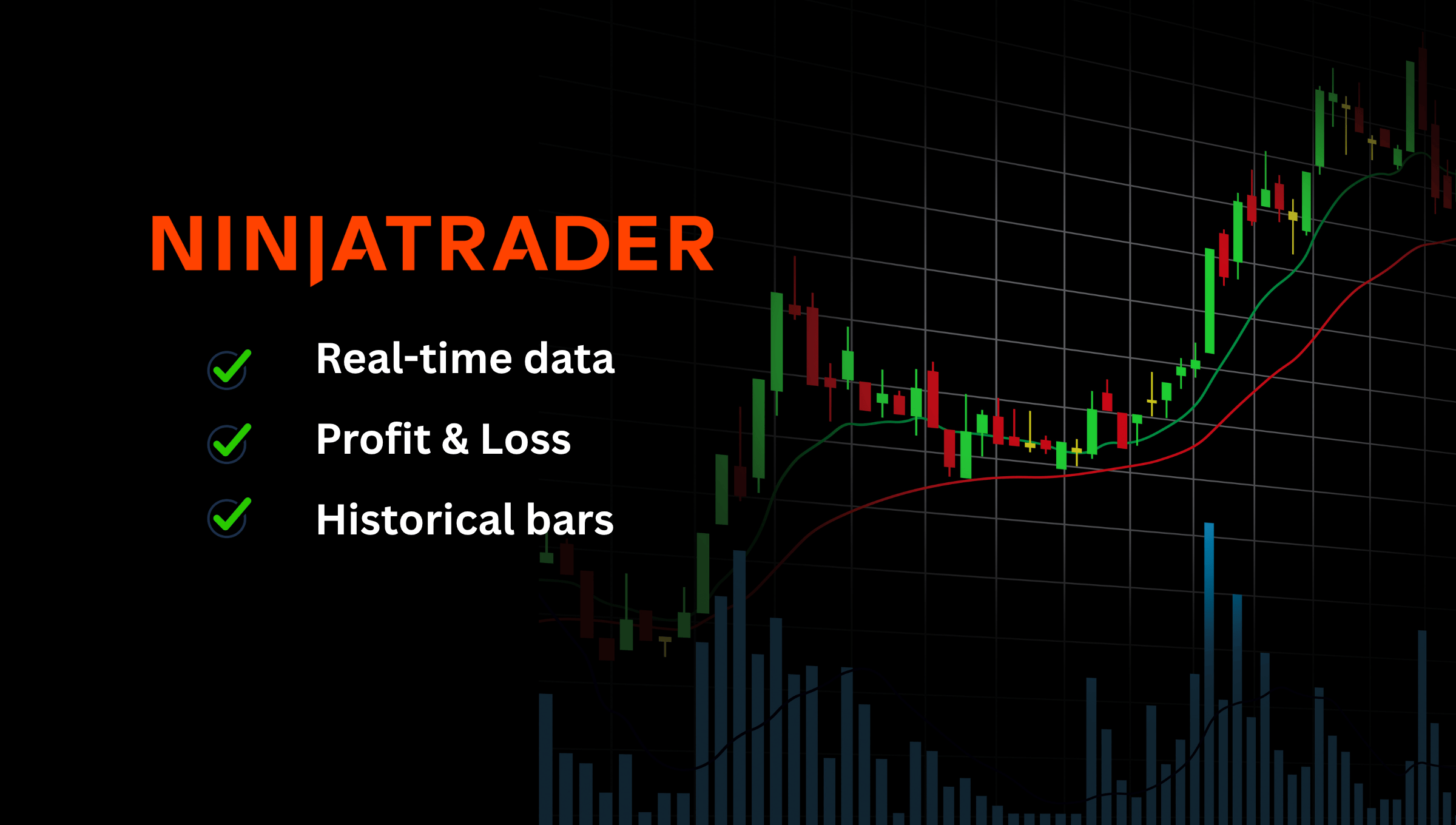 NinjaTrader logo with checklist showing real-time data, profit and loss, and historical bars over a candlestick chart — CrossTrade API feature update