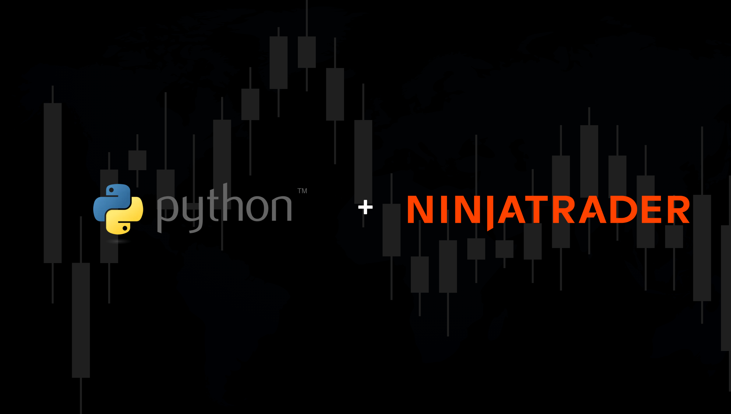 Python and NinjaTrader 8 logos over a candlestick chart background — CrossTrade WebSocket API tutorial for streaming market data with Python