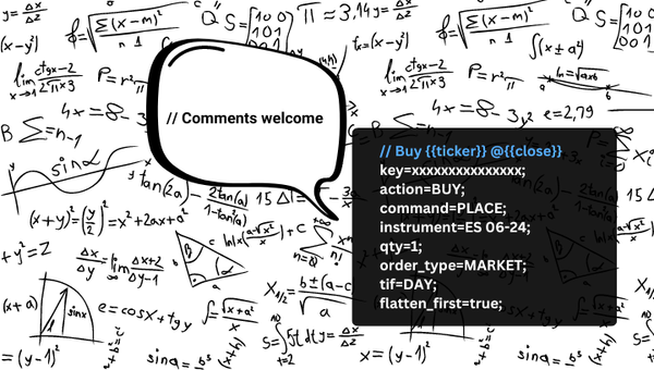 Math equations on a whiteboard behind TradingView webhook alert message with comments