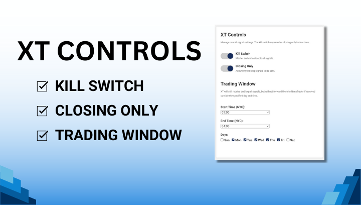 CrossTrade Control Panel featuring master kill switch, closing only switch, and tunable trading window