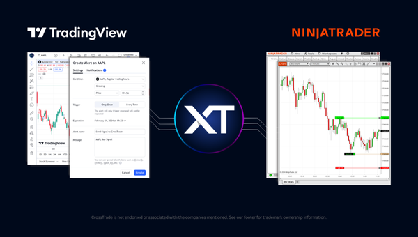 Workflow illustration showing integration between TradingView, CrossTrade (XT), and NinjaTrader