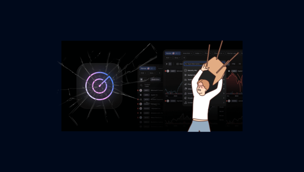Frustrated person breaking a TradingView screener icon with a chair, symbolizing frustration over screener update.