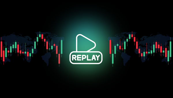 black background with stock chart candles and the text 'bar replay'