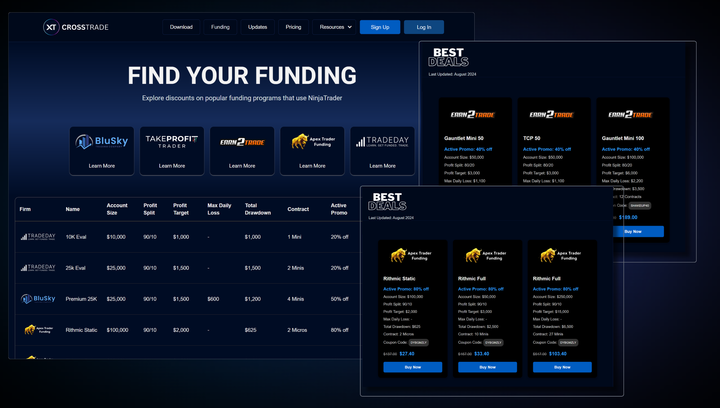 CrossTrade 'Find Your Funding' page displaying discounted prop trading programs and best deals.